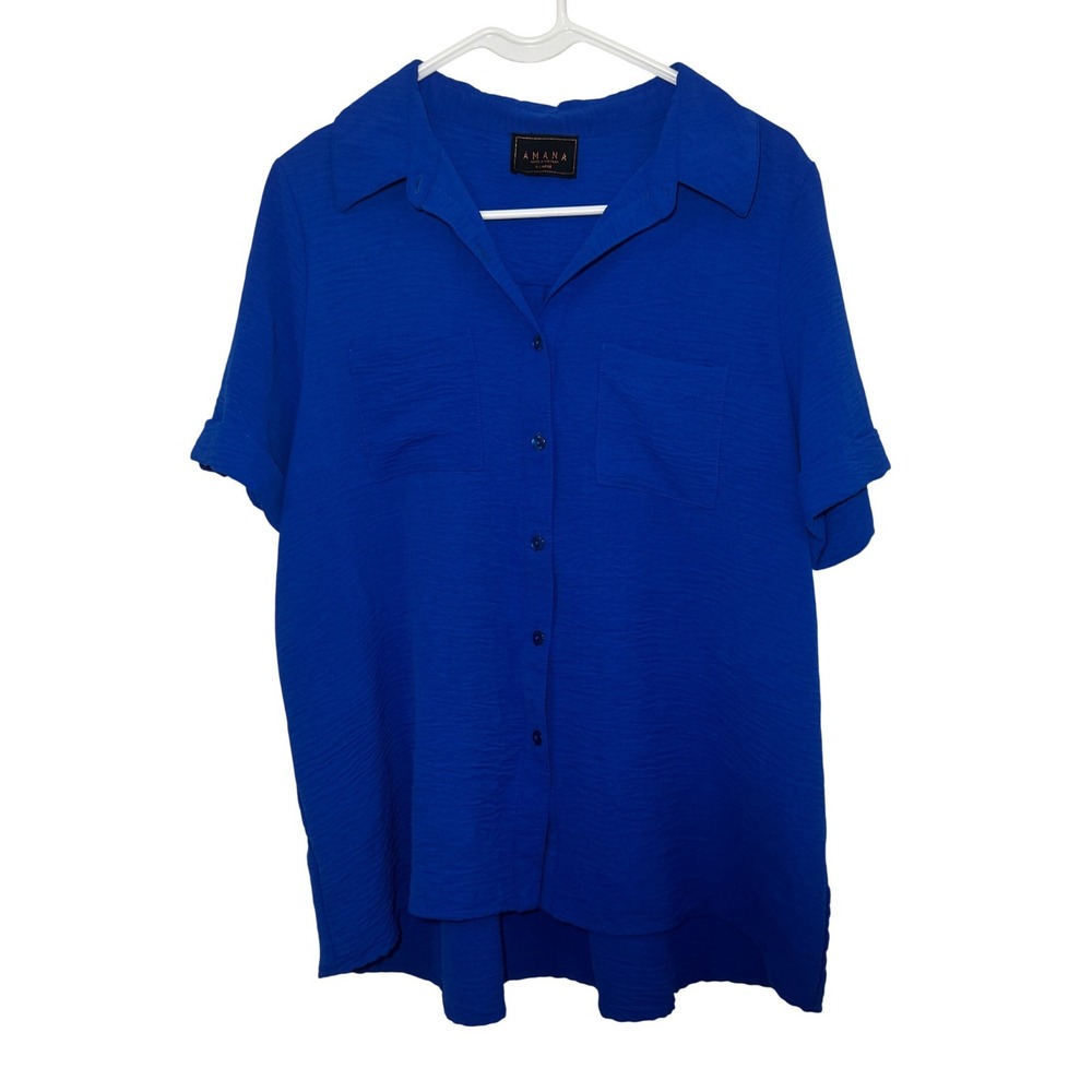 AMANA‎ Women Royal Blue Button Up Short Sleeve Collared Blouse XL Flowy Top